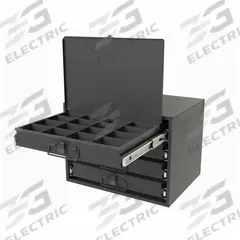 Sliding Drawer Cabinet: 15 5/8 in x 11 7/8 in x 11 7/8 in, 4 Drawers, Gray, Bearing, Assembled, Pull (MPN 307B-95-D932). Key specifications — Cabinet Color: Gray; Includes Dividers: No; Drawer Inside HxWxD: (16) 2 in x 3-3/16 in x 2-3/16 in; Stackable: Yes; Number of Compartments per Drawer: (4) 16; Brand: DURHAM MFG.