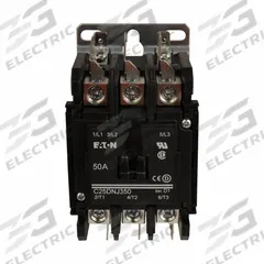 EATON Definite Purpose Magnetic Contactor: 3 Poles, 24V AC, 50 A, Non-Reversing (MPN C25DNJ350T). Key specifications — Brand: EATON; Coil Voltage: 24V AC; Contactor Style: HVACR Definite Purpose Contactor; Frame Size: D; Terminal Connection Type: Quick-Disconnect Terminals; Maximum Voltage Rating: 690V AC; Series: C25 Series; Phase: Three.