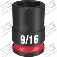 MILWAUKEE Standard Impact Socket: 3/8 in Drive Size, SAE, 9/16 in Socket Size, 6-Point, Std (MPN 49-66-6107). Key specifications — attr1215501: MILWAUKEE; attr1215515: Black Phosphate; attr1215518: 9/16 in.