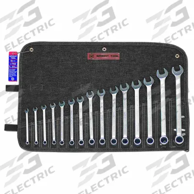 WRIGHT Wrench Set: Steel, Satin, 15 Tools, 15 Range of Head Sizes, 15° Head Offset Angle - SAE 12-Point Combination Wrench Sets