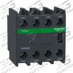 SCHNEIDER Auxiliary Contact Block: 4NO, 10 A Max Current (AC), Front Mount, Front-Mounted, LADN40. Key specifications — Brand: SCHNEIDER; Compatible with Series: TeSys Deca.