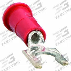 3M Fork Terminals: Red, Vinyl, #6 Stud Size, 22 AWG – 18 AWG Wire Range, Locking Fork, 1,000 V (MPN MV18-6FLX). Key specifications — Barrel Style: Funnel Entry; Manufacturer Part Number: MV18-6FLX; Brand: 3M.
