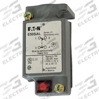 EATON Limit Switch Body: EN50041 Body, 2 Mounting Holes, 1NO/1NC, Metallic (MPN E50SAL). Key specifications — Compatible with Series: E50; Brand: EATON; Indicating Light: LED; Body Material Type: Metallic.