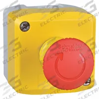 SCHNEIDER Control Station: Mushroom Head Push Button, 0 Pilot Lights, 1NC, Emergency Stop (MPN XALACS1). Key specifications — Brand: SCHNEIDER; Operator Legend: Emergency Stop; Operator Color: Red; Operator Configuration: Mushroom Head Push Button; Environments & Applications: Oil- & Dust-Tight; Operator Configuration Type: (1) Mushroom Push Button.