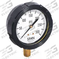 SPAN Pressure Gauge with Internal Seal: 0 psi to 300 psi, LFS-210, 2 1/2 in Dial, Buna-N, Brass, 4 (MPN LFS-210-300-G-KEMX). Key specifications — Brand: SPAN; Gauge Case Liquid: Glycerin; Seal Fill Liquid: Instrument Oil; Seal Lower Housing Material: Brass; Accuracy: ±1.00%; Gauge Wetted Parts: Brass / Copper.