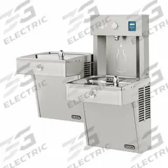 ELKAY Bi-Level Drinking Fountain with Bottle Filler: On-Wall, 38 13/16 in Ht, 36 1/8 in Dp, Gray (MPN LVRCTL8WSK). Key specifications — Housing Color: Gray; Brand: ELKAY; Vandal Resistant: Vandal Resistant; Housing Material: Stainless Steel; Refrigeration: Refrigerated.