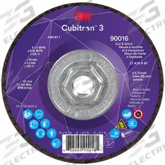 3M CUBITRON 3 Cut-Off and Grinding Wheel: Type 27, 4 1/2" x 5/32" x 5/8"-11, Ceramic, 36 Grit (MPN 90016). Key specifications — Brand: 3M CUBITRON 3.