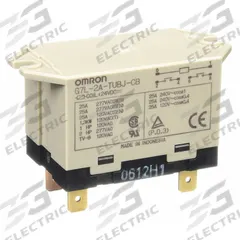 OMRON Enclosed Power Relay: Surface (Top Flange) Mounted, 25 A Current Rating, 24V DC, DPST-NO (MPN G7L-2A-TUBJ-CB-DC24). Key specifications — Brand: OMRON; Base Type: Square; Contact Rating (AC): 25 A @ 220V; Mounting Style: Top Flange; Electrical Connection: Quick-Connect; Manufacturer Part Number: G7L-2A-TUBJ-CB-DC24; Operating Current: 25 A; Series: G7L Series.