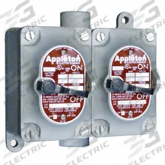 APPLETON ELECTRIC Tumbler Switch: 2 Gang, 4-Way, 20 A, 277 V AC, Feed-Thru Hub, 1 in Hub Size (MPN EDSC210-F4W). Key specifications — attr211272: APPLETON ELECTRIC.
