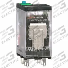 SCHNEIDER General Purpose Relay: Socket Mounted, 12 A Current Rating, 24V DC, DPDT, 8 Pins/Terminals (MPN 792XBXM4L-24D). Key specifications — Brand: SCHNEIDER; Base Type: Square; Mounting Style: Plug-In; Electrical Connection: Faston Connector; Manufacturer Part Number: 792XBXM4L-24D; Operating Current: 12 A at 277V AC (Conforming to UL); Series: 792 Series.