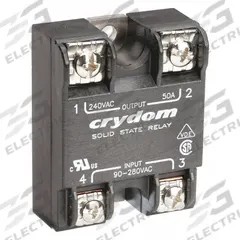 CRYDOM Solid State Relay: Surface Mounted, 50 A Max Output Current, SCR, AC Output (MPN A2450). Key specifications — Brand: CRYDOM; Current Type: AC; Electrical Connection: Screw Clamp; Finger Safe: No; Input Current: 10 mA; Maximum Output Current without Heat Sink: 11 A; Mounting Style: Panel; Output Voltage: 24 to 280V AC.