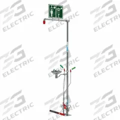 HUGHES SAFETY Shower with Eyewash: Floor Mnt, Uncovered, Stainless Steel Bowl, Stainless Steel Pipe (MPN SD18GS85G). Key specifications — Brand: HUGHES SAFETY.