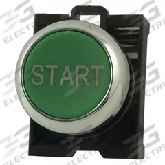 EATON Flush Push Button: Green, 22 mm Mounting Size, Metallic, Momentary (MPN M22M-D-G-GB1). Key specifications — Brand: EATON; Action: Momentary; Legend: Start; Series: M22; Push Button Material Type: Metallic.