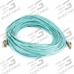 MONOPRICE Fiber Optic Patch Cord: Multi-Mode, 20 m Lg, LC End 1, LC End 2, Aqua, PVC, 2 Fiber Count (MPN 7623). Key specifications — Fire Rating: Riser; Jacket Material: PVC; Number of Fibers: Duplex; Brand: MONOPRICE; _Fiber Optic Cable Style: 50/125µ OM4.