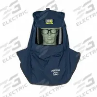 OBERON Arc Flash Hood: 2 PPE CAT, 12 cal/sq cm ATPV, Nomex ( 6.5 oz/sq yd ), Ventilated, Navy (MPN LAN2ST-C+HVSL). Key specifications — Size: Universal; Garment Material: Nomex; Includes: Hard Cap; Ventilation System; LED Headlamp; Brand: OBERON; Hood Window Type: Face Shield Fitted; Ventilated: Yes.