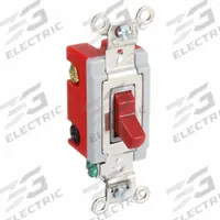 HUBBELL Wall Switch: Toggle Switch, 4-Way, Maintained, Red, 120/277V AC, 20 A (MPN HBL1224R). Key specifications — Illuminated: No; Voltage Rating: 120/277V AC.