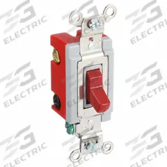 HUBBELL Wall Switch: Toggle Switch, 4-Way, Maintained, Red, 120/277V AC, 20 A (MPN HBL1224R). Key specifications — Illuminated: No; Voltage Rating: 120/277V AC.