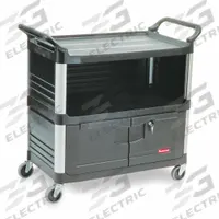 RUBBERMAID COMMERCIAL PRODUCTS Equipment Cart: Enclosed, 300 lb Max Load Capacity, 2 Shelves (MPN FG409500BLA). Key specifications — NSF Certified: No; Brand: RUBBERMAID COMMERCIAL PRODUCTS; Caster Type: (4) Swivel; Enclosed/Open/Partially Enclosed: Enclosed; Color: Black; Material: Plastic; Product Type: Equipment Cart.
