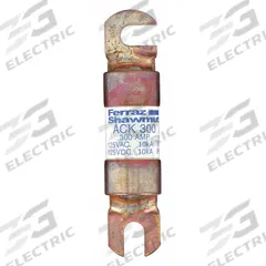 MERSEN Forklift Limiter Fuse: ACK Series, Bolt-On, Gen Purpose, 300 A, 125 V DC, Non-Indicating (MPN ACK300). Key specifications — Brand: MERSEN; Series: ACK.