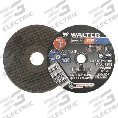 WALTER SURFACE TECHNOLOGIES Abrasive Cut-Off Wheel: Type 1, 3" x 1/2" x 3/8", Aluminum Oxide, 24 Grit - General Purpose Cut-Off Wheels for Carbon & Stainless Steel