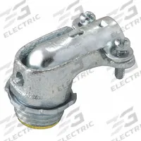 Connector - Clamp Style, 90 Degrees: Iron, 3/4 in Trade Size, 3/4 in MNPT, Insulated (MPN 3203). Key specifications — Box Connection: 3/4 in MNPT; Connection Type: Squeeze; Color: Gray; Connection Orientation: 90°; Cable Clamping Method: Squeeze Clamp; Material: Iron; Insulated: Yes; For Use With: Flexible Conduit.