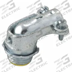 Connector - Clamp Style, 90 Degrees: Iron, 3/4 in Trade Size, 3/4 in MNPT, Insulated (MPN 3203). Key specifications — Box Connection: 3/4 in MNPT; Connection Type: Squeeze; Color: Gray; Connection Orientation: 90°; Cable Clamping Method: Squeeze Clamp; Material: Iron; Insulated: Yes; For Use With: Flexible Conduit.