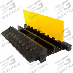 GUARDIAN FLOOR PROTECTION Cable Protector: 2 Channels, Hinged, 3 1/4 in Max Cable Dia, 24 in Wd (MPN DH-CP-7). Key specifications — attr1468: GUARDIAN FLOOR PROTECTION; attr1473: Black/Yellow; attr1477: Cable Ramp-Straight Section; attr1483: Rubber.