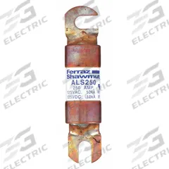 MERSEN Forklift Limiter Fuse: ALS Series, Bolt-On, Gen Purpose, 250 A, 125 V DC, Non-Indicating (MPN ALS250). Key specifications — Brand: MERSEN; Series: ALS.