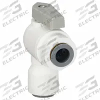 PARKER Manual Two-Way Ball Valve: 3/8 in, Polypropylene, Angle, Push x Push, Full Port Ball Port (MPN LFPP6VEU6). Key specifications — Brand: PARKER; Handle: Lever.