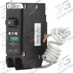 EATON Circuit Breaker: 15 A, 120V AC, Single Phase, 10kA at 120V AC, Type BR Loadcenters, 1 Poles (MPN BRN115AF). Key specifications — Amps: 15 A; AC Voltage Rating: 120V AC; Phase: Single; Max. AIR Rating: 10kA at 120V AC; Circuit Breaker Type: Arc Fault Circuit Interrupter; For Use With: Type BR Loadcenters; Brand: EATON.