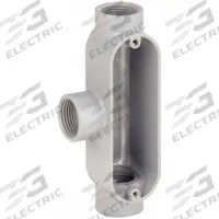 Conduit Outlet Body: Aluminum, 1/2 in Trade Size, T Body, 4.3 cu in Body Capacity, Threaded Hub (MPN T050). Key specifications — Finish: Powder Coated; For Use With: RMC; Brand: RACO; Hub Style: Threaded.