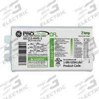 GE LAMPS CFL Ballast: 120 to 277V AC, 1/2 Lamps Supported, 18 W_26 W Bulb Watt, 5 in Overall Lg (MPN GEC-218-MVPS-3W). Key specifications — Lamp Types Supported: (1 or 2) F18TBX; Brand: GE LAMPS; Number of Lamps Supported: 2.
