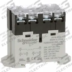 SCHNEIDER Enclosed Power Relay: DIN-Rail & Surface Mounted, 25 A Current Rating, 24V DC, DPST-NO (MPN 725BXXSC3ML-24D). Key specifications — attr211321: SCHNEIDER; attr864598: Square; attr864602: DIN Rail & Top Flange; attr864634: Screw Terminal; attr864642: 725BXXSC3ML-24D; attr869492: 25 A at 240V AC (Resistive Load); attr934629: Harmony™ 725 Power Series.