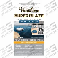 VARATHANE Finish: Finish, Interior, 32 fl oz Container Size, Metallic Blue, Super Glaze (MPN 370905). Key specifications — Brand: VARATHANE; Use Location: Interior; Sub-Brand: Super Glaze; Color: Metallic Blue.