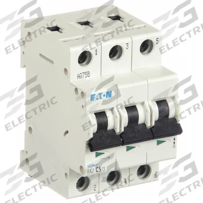 EATON Supplementary Protector: 5 A Amps, 96V DC, 15kA at 415V AC, Lug, FAZ - C-Curve, 3-Pole UL1077 DIN Rail-Mount Supplementary Protectors