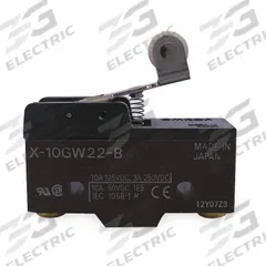 OMRON Snap Action Switch: Hinge Roller Lever Actuator, 1NO/1NC, Screw (MPN X-10GW22-B). Key specifications — AC Contact Rating: 2 A @250 V; Electrical Connection: Screw; Series: X; Brand: OMRON.