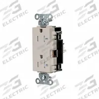 HUBBELL Receptacle: Decorator Duplex, 5-20, Light Almond, 125V AC, 20 A, 2 Pole / 3 Wire (MPN DR20STLATR)