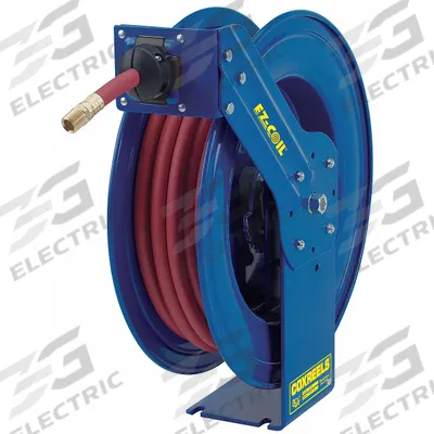 COXREELS Spring Return Hose Reel: 50 ft (3/8 in I.D.), 3/8 in MNPT, 300 psi Max Op Pressure - Controlled-Retraction Air or Water Spring-Return Hose Reels