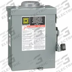 SQUARE D Safety Switch: Fusible, 30 A, Single Phase, 240V AC, Galvanized Steel, Indoor/Outdoor (MPN D221NRB). Key specifications — Brand: SQUARE D.