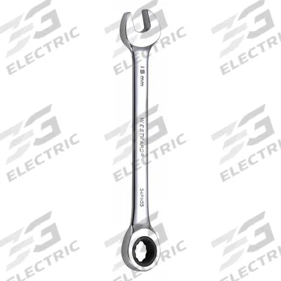 WESTWARD Combination Wrench: Alloy Steel, Chrome, 15 mm Head Size, 7 7/8 in Overall Lg - Metric 12-Point Ratcheting Combination Wrenches