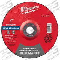 MILWAUKEE Grinding Wheel: Type 27, 7" x 1/4" x 7/8", Ceramic, 24 Grit (MPN 49-94-0733). Key specifications — Brand: MILWAUKEE.
