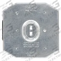 RACO Electrical Box Cover: 2 Gangs, Raised, 3/4 in Raised Ht, For Rectangular Box Shape, Steel (MPN 702R). Key specifications — Brand: RACO; For Box Shape: Rectangular; Material: Steel; Cover Design: Raised.
