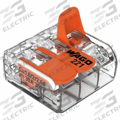 WAGO Lever Wire Connector: 3 Port, 20 AWG – 10 AWG Solid Wire Size Range, 41 A - Compact Lever Wire Connectors