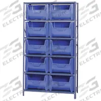 QUANTUM STORAGE SYSTEMS Bin Shelving: 42 in x 18 in x 75 in, 1 Sided, 10 Bins, Open, Blue, 6 Shelves (MPN QSBU-700BL). Key specifications — Includes Bins: Yes; Bin Material: Polypropylene; Frame Color: Gray; Bin HxWxD: (10) 12-7/16 in x 17-1/2 in x 13-5/8 in; Frame Material: Steel; Bin Color: Blue; Bin Style: Hang and Stack; Brand: QUANTUM STORAGE SYSTEMS.