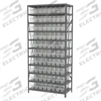 AKRO-MILS Bin Shelving: 36 in x 18 in x 79 in, 1 Sided, 80 Bins, Open, Shelf Bin, Clear, 11 Shelves (MPN AS1879048SC). Key specifications — Includes Bins: Yes; Bin Material: Polymer; Frame Color: Gray; Bin HxWxD: (80) 6 in x 4-1/8 in x 17-7/8 in; Frame Material: Steel; Bin Color: Clear; Bin Style: Shelf; Brand: AKRO-MILS.