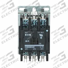 EATON Definite Purpose Magnetic Contactor: 3 Poles, 120V AC, 30 A, Non-Reversing (MPN C25DND330A). Key specifications — Brand: EATON; Coil Voltage: 110-120V AC; Contactor Style: HVACR Definite Purpose Contactor; Frame Size: D; Terminal Connection Type: Quick-Disconnect Terminals; Maximum Voltage Rating: 690V AC; Series: C25 Series; Phase: Three.