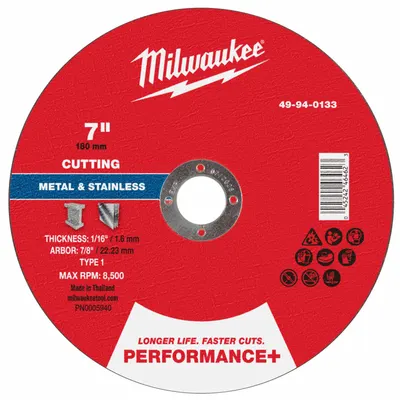 MILWAUKEE Cut-Off Wheel: Type 1, 7" x 1/16" x 7/8", Aluminum Oxide - General Purpose Cut-Off Wheels for Carbon & Stainless Steel