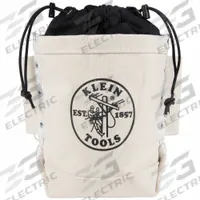 KLEIN TOOLS Bucket Bag: 10 in W x 9 in H x 5 in L, Off-White, Canvas, 2 Pockets, Drawstring (MPN 5416TC). Key specifications — attr1118525: KLEIN TOOLS; attr1118517: Loops on Each Side to Hold Standard Bull-Pins; attr1125037: Off-White; attr1125041: Canvas; attr1203718: Yes.