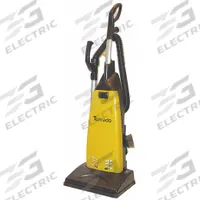 TORNADO Upright Vacuum Cleaner: 14 in Cleaning Path Wd, 120 cfm Air Flow, 20.6 lb Wt, HEPA, Bag, CVD (MPN 98147). Key specifications — Color: Black/Yellow; Series: CVD; Vacuum Motor Type: Brushed; Includes Onboard Hose: Onboard Hose Included; Head Height Adjustment: 7-Position; Brand: TORNADO; Drive Belt: Electronic Clutch; Includes: Bag.