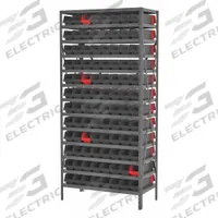 AKRO-MILS Bin Shelving: 36 in x 18 in x 79 in, 1 Sided, 96 Bins, Open, Indicator Bin, Black/Red (MPN AS187936448BK). Key specifications — Includes Bins: Yes; Bin Material: Polymer; Frame Color: Gray; Bin HxWxD: (96) 4 in x 4-1/8 in x 17-7/8 in; Frame Material: Steel; Bin Color: Black; Red; Brand: AKRO-MILS.